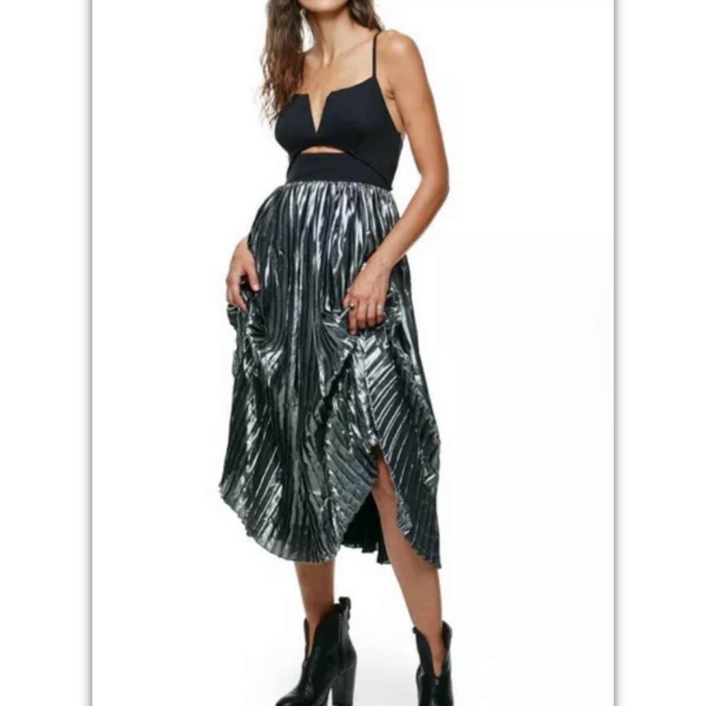 $198 New FREE PEOPLE Pleated Midi Metallic XS